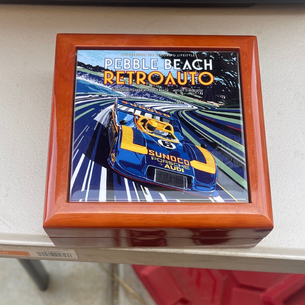 Pebble Beach Retro Auto Decorative Box with Blue & Yellow Race Car Tile